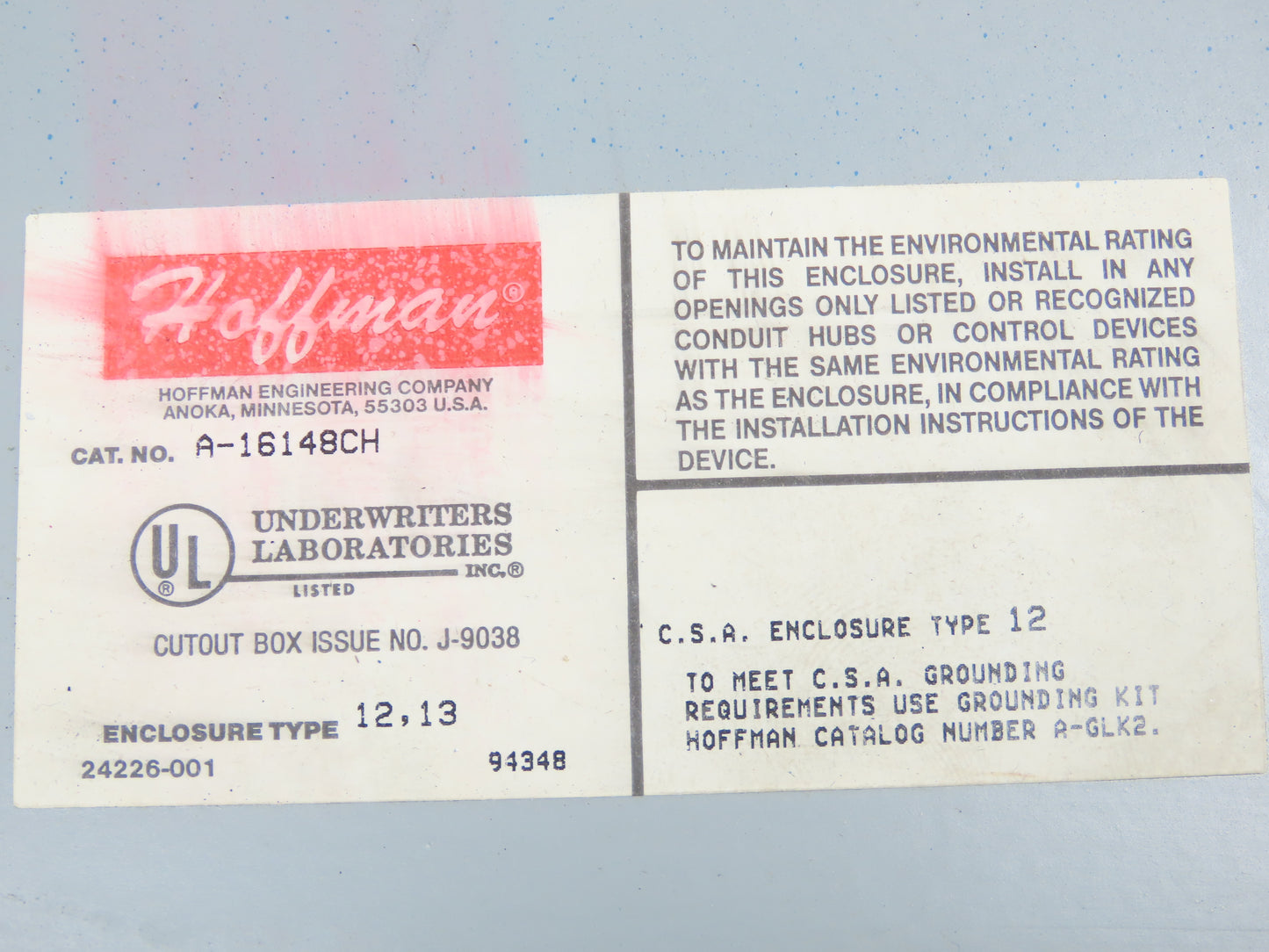 Hoffman A-16148CH Electrical Enclosure Control Panel 16x14x8" Back Plate