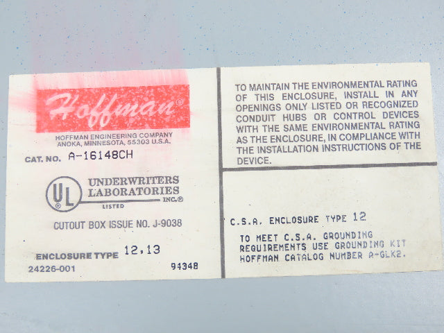 Hoffman A-16148CH Electrical Enclosure Control Panel 16x14x8" Back Plate