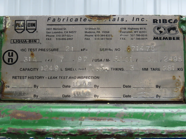 Fabricated Metals Liqua-Bin Round Liquid Storage Tank 330 Gal Steel IBC Tote