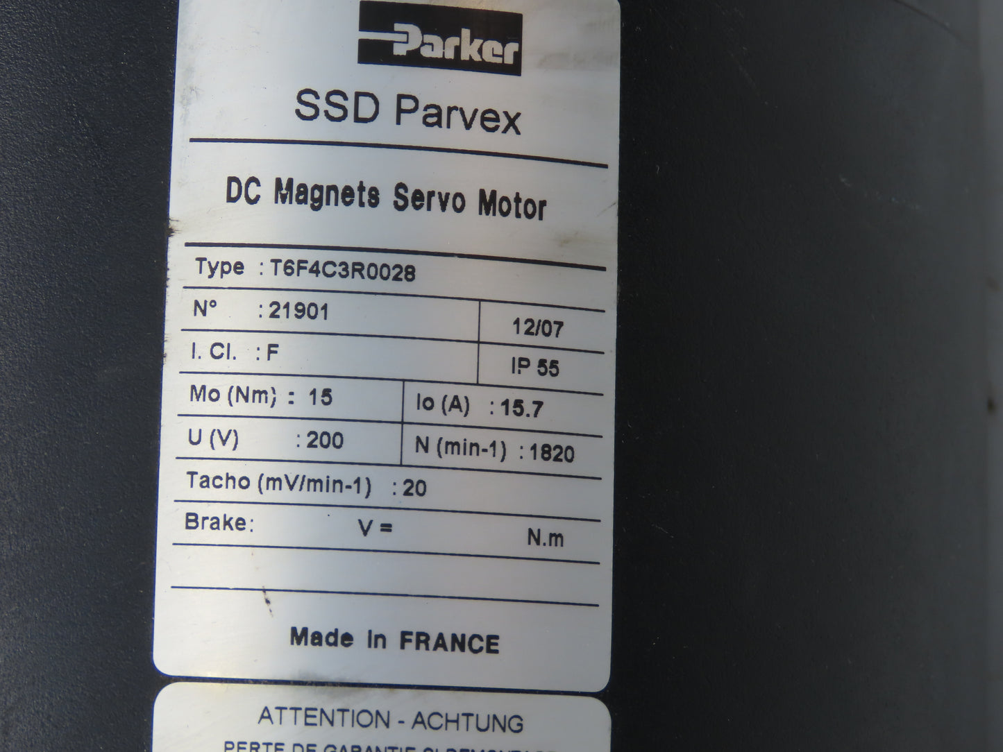 Parker T6F4C3R0028 SSD Parvex DC Servo Motor 1820 RPM