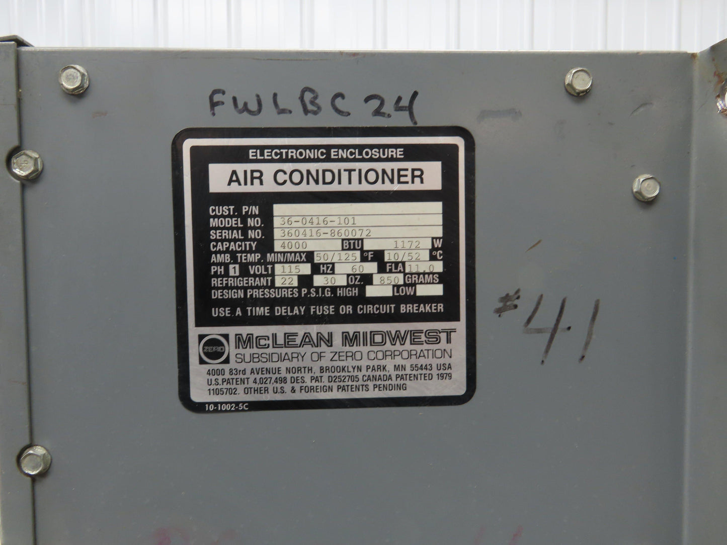 Mclean Midwest 36-0416-101 Electrical Enclosure Air Conditioner 4000 BTU 115V