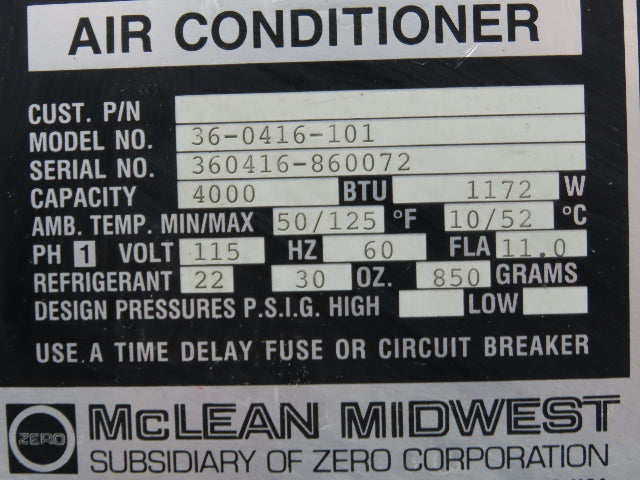 Mclean Midwest 36-0416-101 Electrical Enclosure Air Conditioner 4000 BTU 115V
