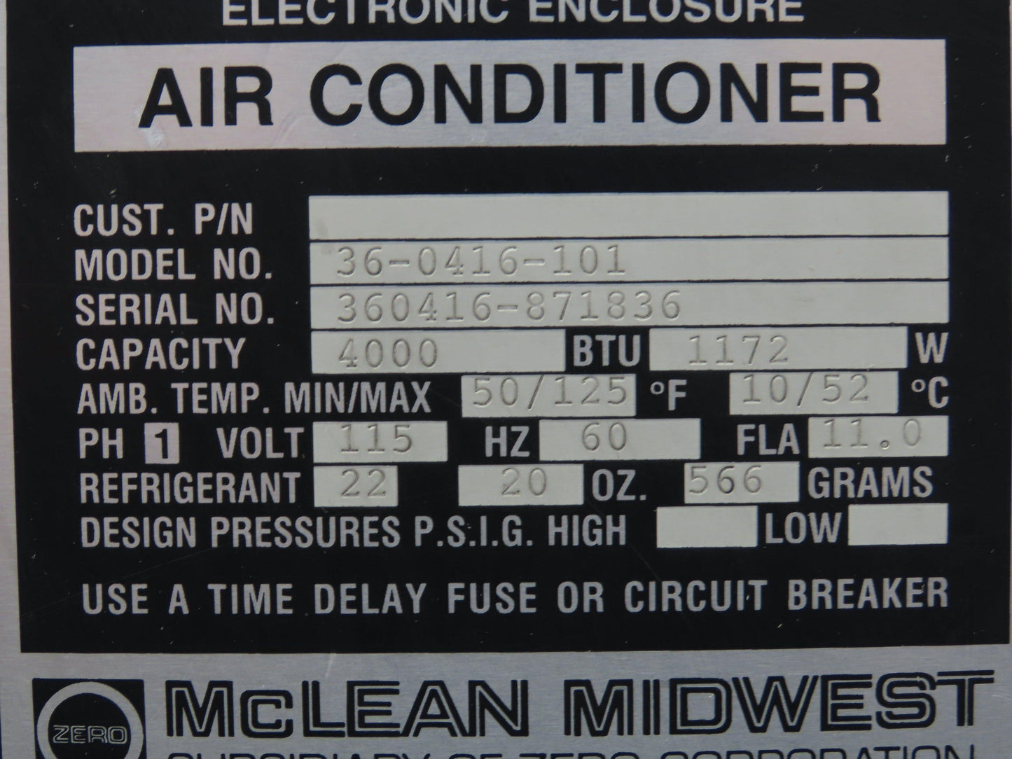 Mclean Midwest 36-0416-101 Electrical Enclosure Air Conditioner 4000 BTU 115V
