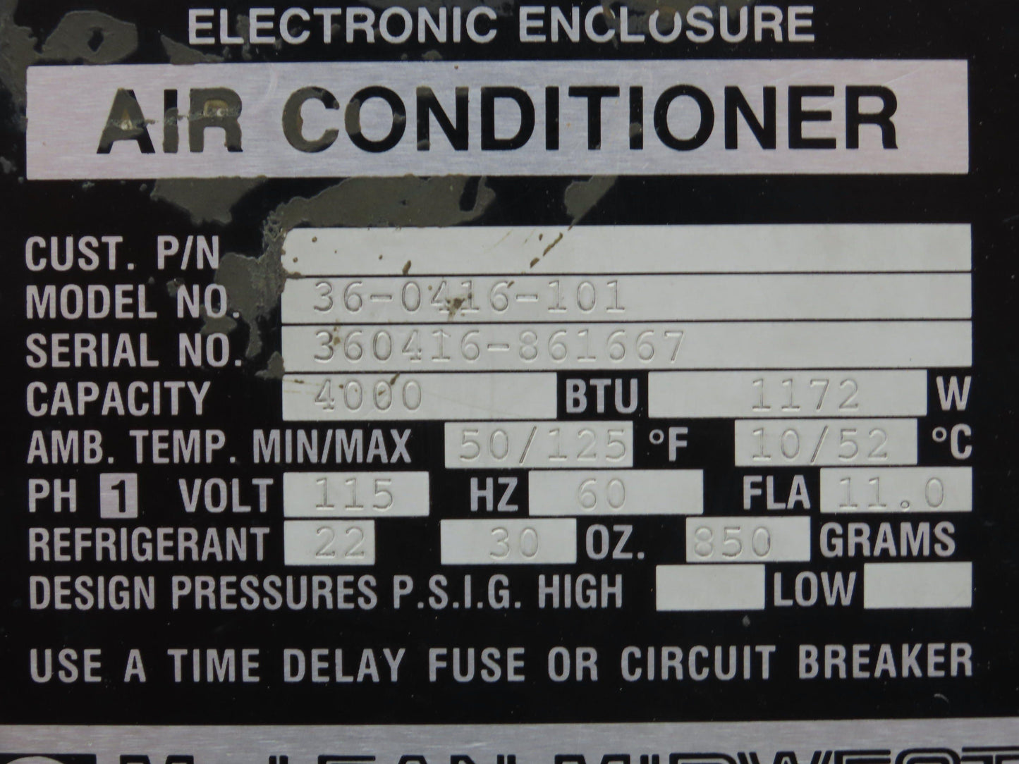 Mclean Midwest 36-0416-101 Electrical Enclosure Air Conditioner 4000 BTU 115V
