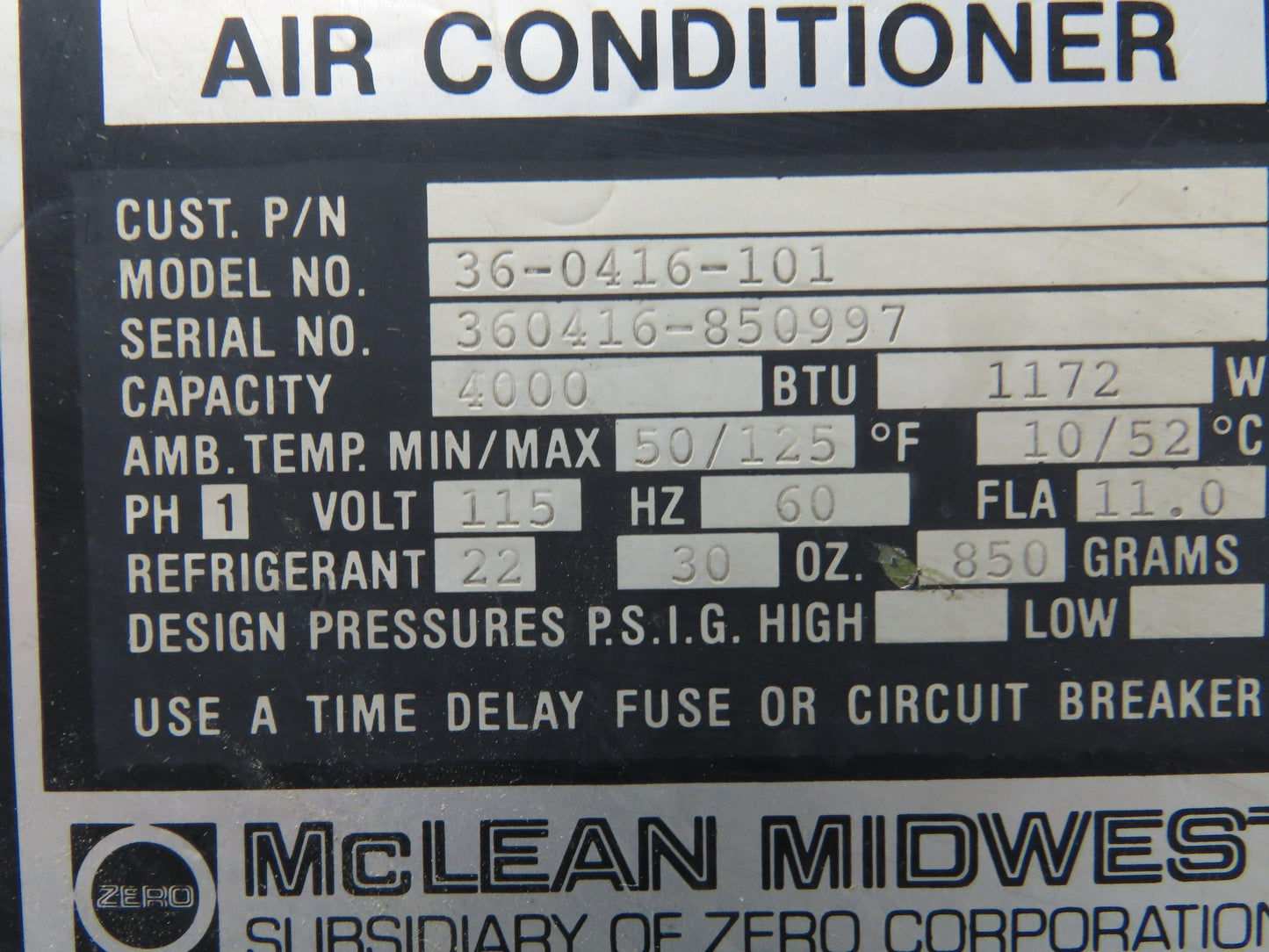 Mclean Midwest 36-0416-101 Electrical Enclosure Air Conditioner 4000 BTU 115V