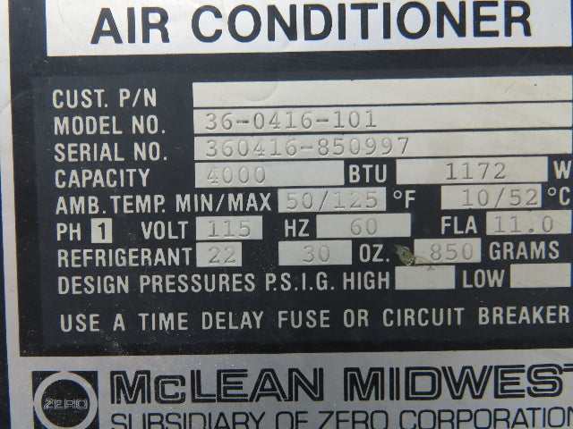 Mclean Midwest 36-0416-101 Electrical Enclosure Air Conditioner 4000 BTU 115V