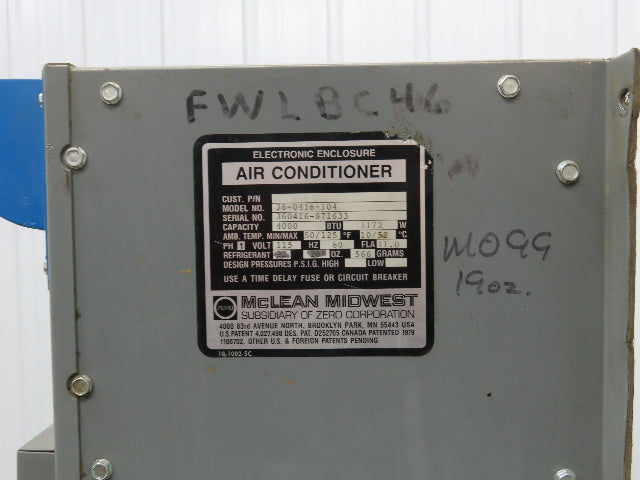 Mclean Midwest 36-0416-104 Electrical Enclosure Air Conditioner 4000 BTU 115V