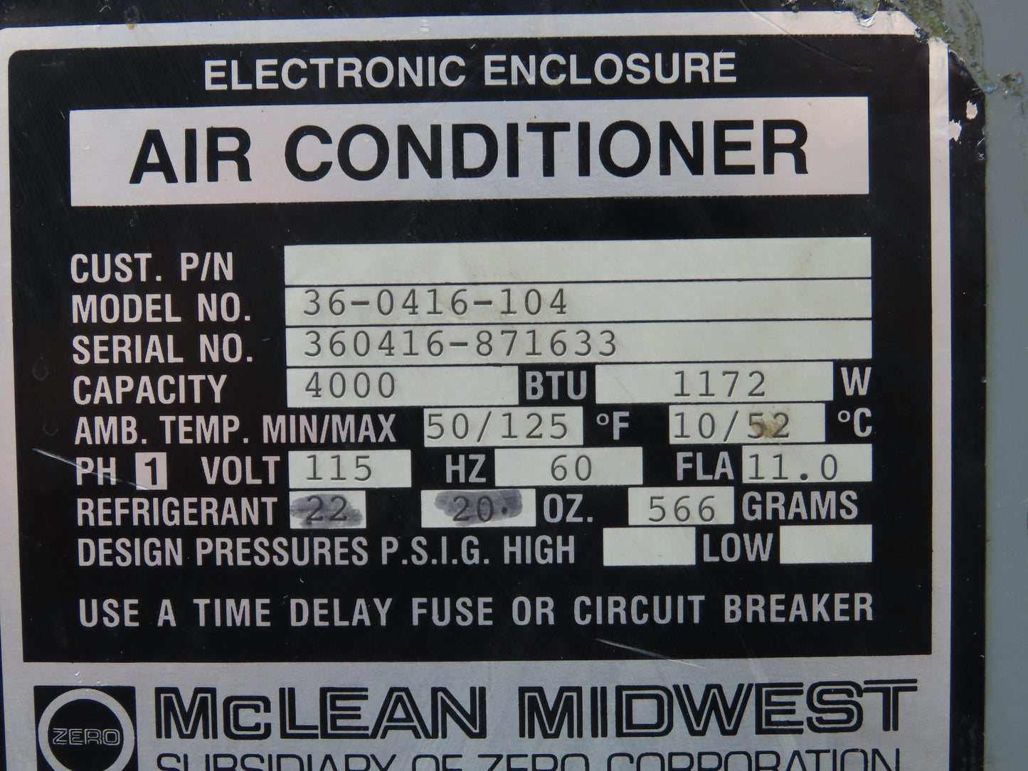 Mclean Midwest 36-0416-104 Electrical Enclosure Air Conditioner 4000 BTU 115V