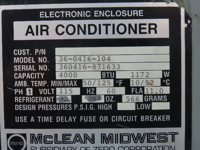 Mclean Midwest 36-0416-104 Electrical Enclosure Air Conditioner 4000 BTU 115V