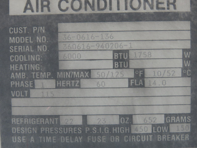 Mclean Midwest 36-0616-136 Electrical Enclosure Air Conditioner AC 6000 BTU 115V