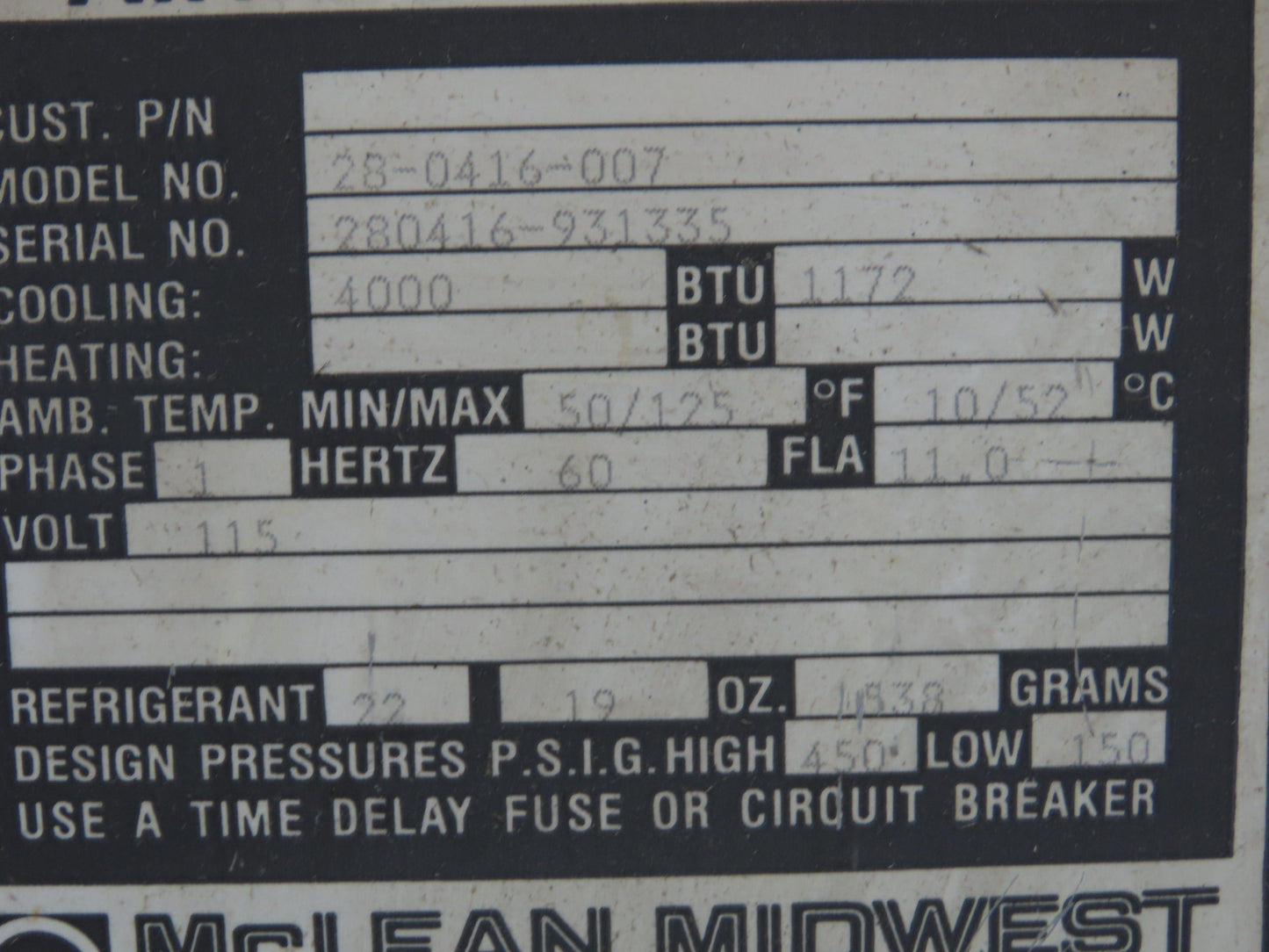 Mclean Midwest 28-0416-007 Electrical Enclosure Air Conditioner AC 4000 BTU 115V
