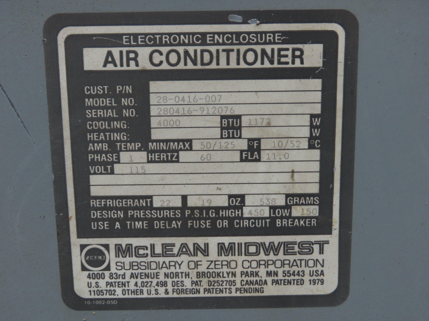 Mclean Midwest 28-0416-007 Electrical Enclosure Air Conditioner AC 4000 BTU 115V
