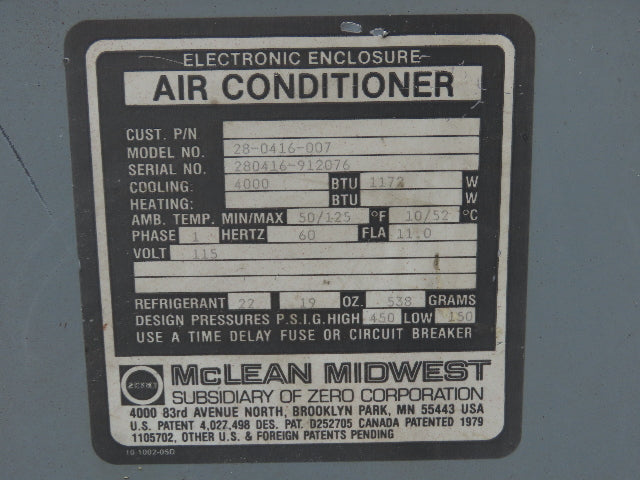 Mclean Midwest 28-0416-007 Electrical Enclosure Air Conditioner AC 4000 BTU 115V