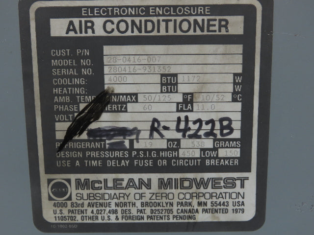 Mclean Midwest 28-0416-007 Electrical Enclosure Air Conditioner AC 4000 BTU 115V