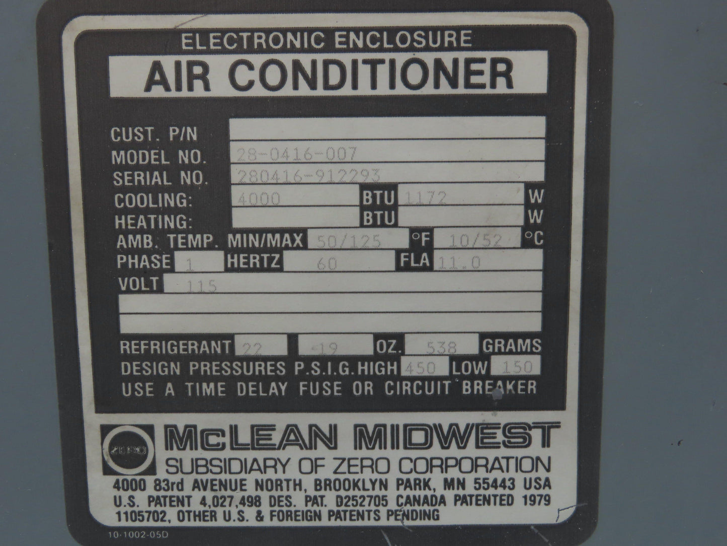 Mclean Midwest 28-0416-007 Electrical Enclosure Air Conditioner AC 4000 BTU 115V