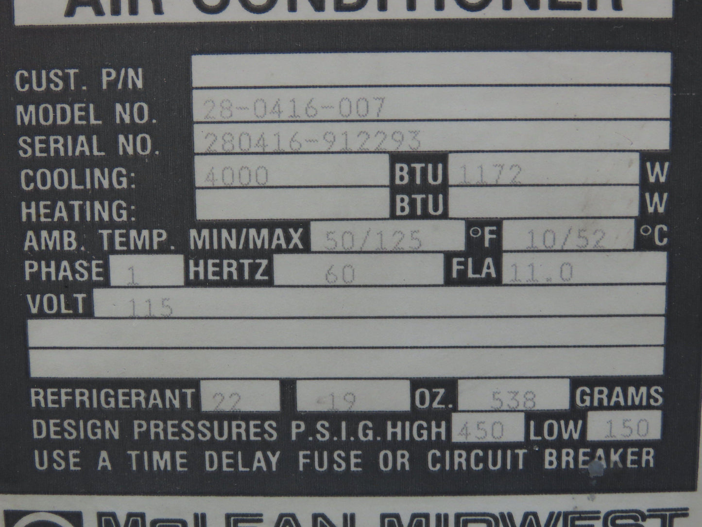 Mclean Midwest 28-0416-007 Electrical Enclosure Air Conditioner AC 4000 BTU 115V