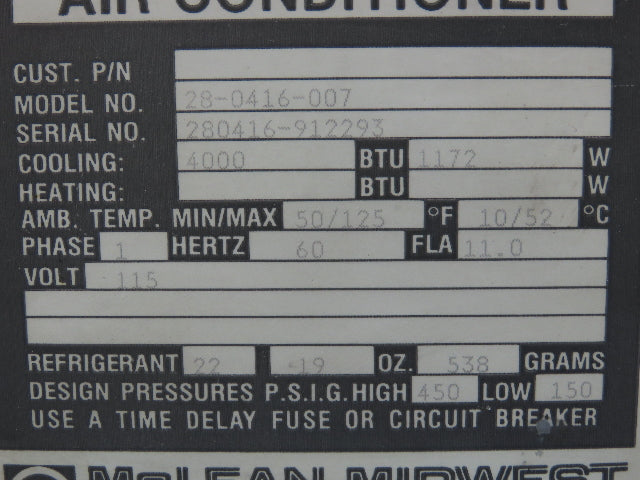 Mclean Midwest 28-0416-007 Electrical Enclosure Air Conditioner AC 4000 BTU 115V