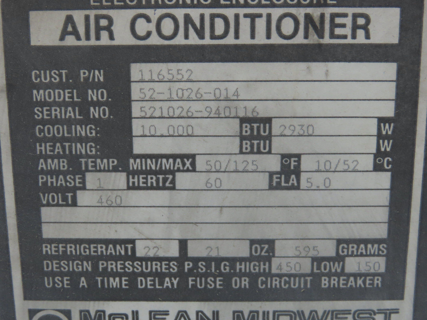 Mclean Midwest 52-1026-014 Electrical Enclosure Air Conditioner 10000 BTU 460V