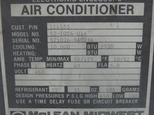 Mclean Midwest 52-1026-014 Electrical Enclosure Air Conditioner 10000 BTU 460V