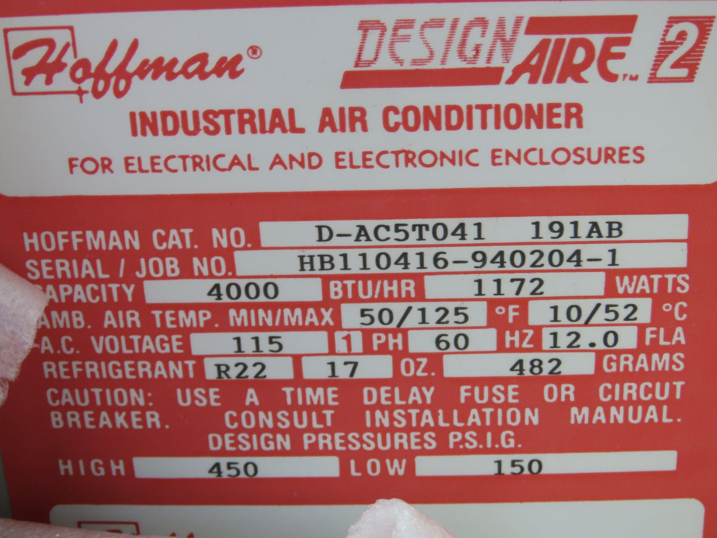 Hoffman Design Aire 2 Electrical Enclosure Air Conditioner 4000 BTU 115V R22