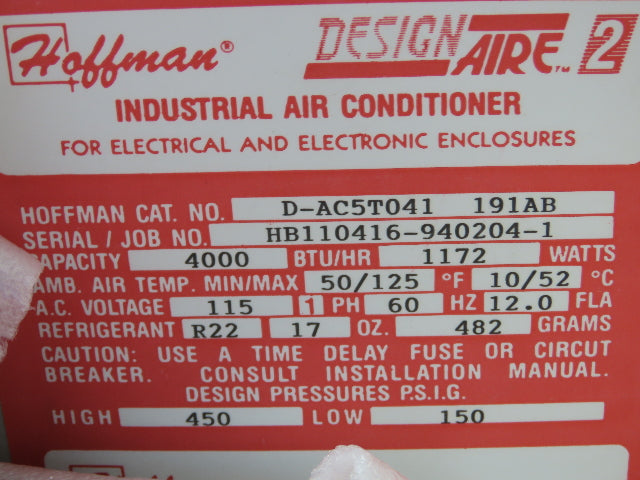 Hoffman Design Aire 2 Electrical Enclosure Air Conditioner 4000 BTU 115V R22