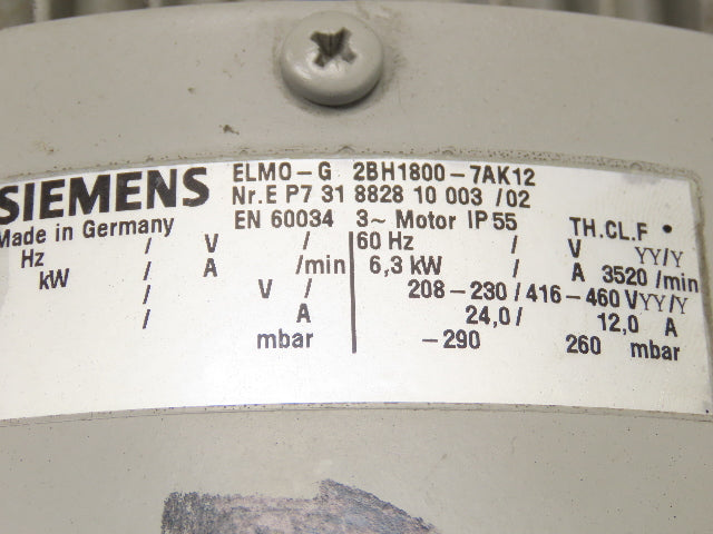 Siemens ELMO-G 2BH1800-7AK12 2.5" Regenerative Vacuum Blower 8.4Hp 230/460V 3PH