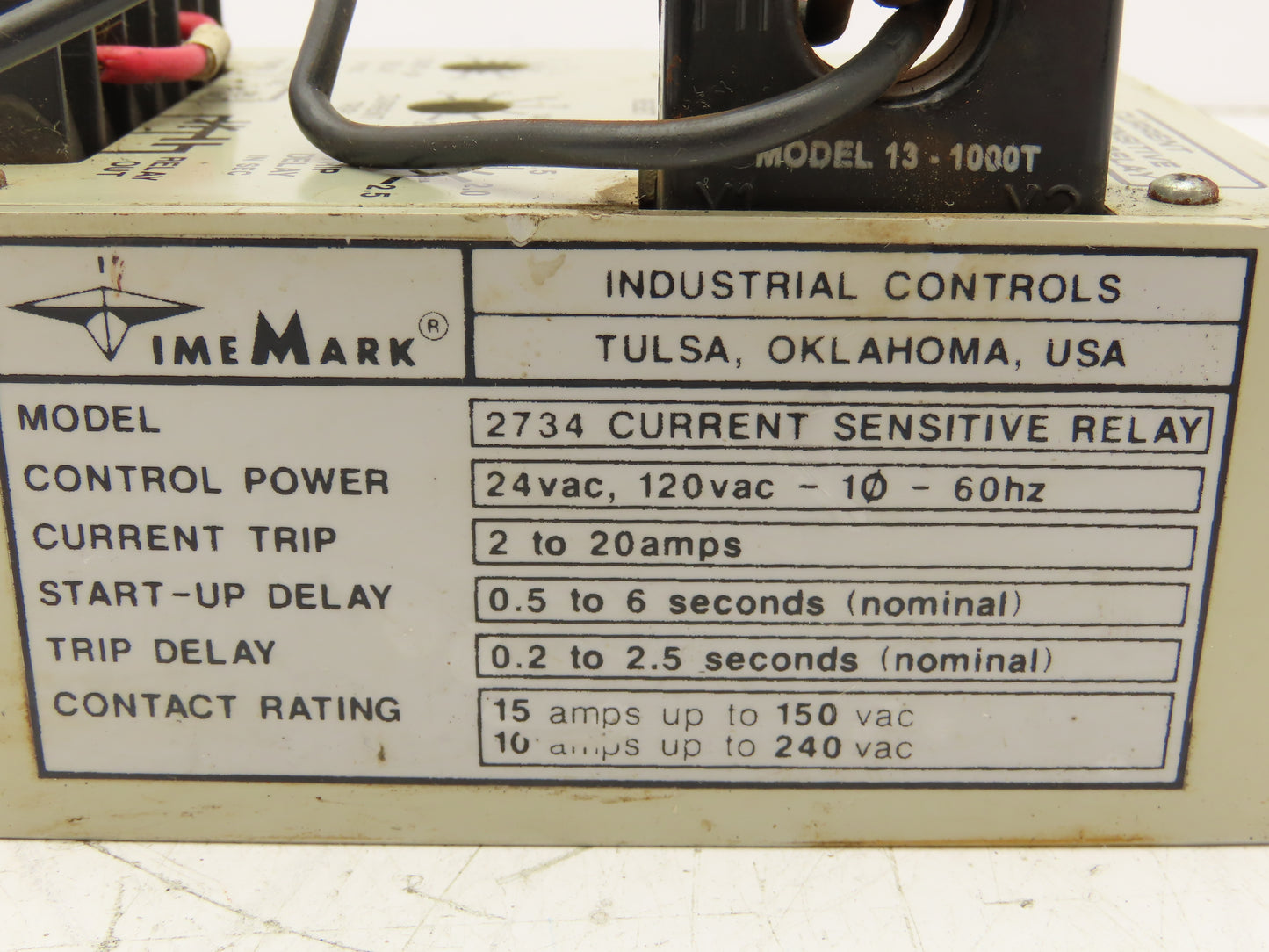 TimeMark 2734 Current Sensitive Relay See Pictures 2-20A 0.2-2.5 Sec Trip Delay