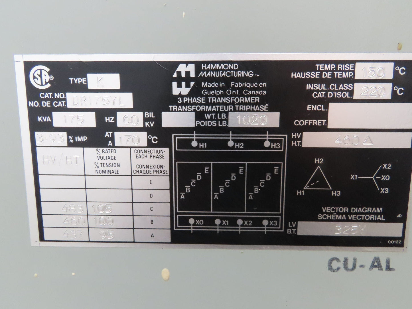 Hammond DR175YL Industrial Electric Power Transformer 175kva HV 480D LV 325Y 3Ph