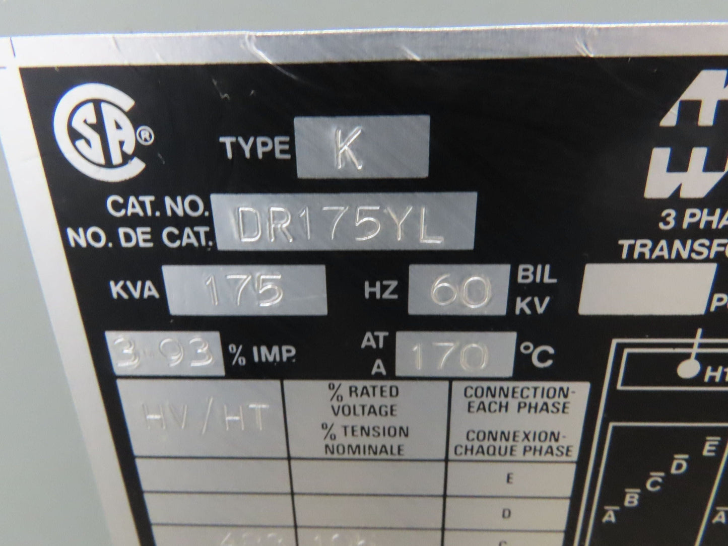 Hammond DR175YL Industrial Electric Power Transformer 175kva HV 480D LV 325Y 3Ph