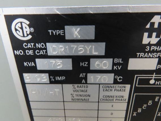 Hammond DR175YL Industrial Electric Power Transformer 175kva HV 480D LV 325Y 3Ph