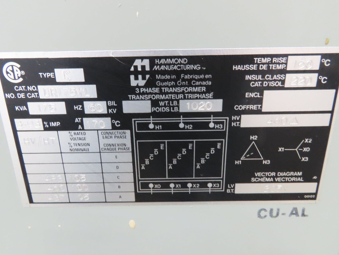 Hammond DR175YL Industrial Electric Power Transformer 175kva HV 480D LV 325Y 3Ph