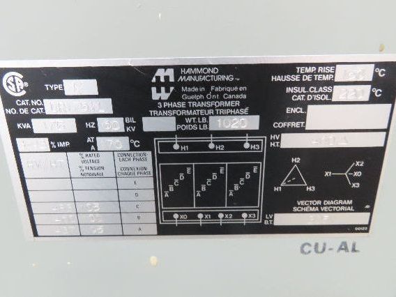 Hammond DR175YL Industrial Electric Power Transformer 175kva HV 480D LV 325Y 3Ph