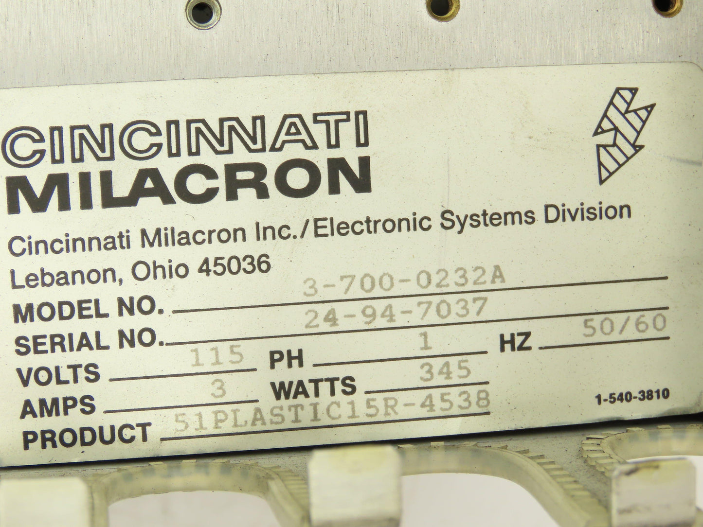 Cincinnati Milacron Chassis Case PSU Backplane 10-slot