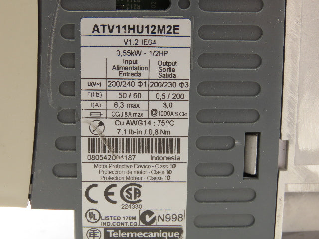 Telemecanique ATV11HU12M2E Altivar 11 AC Drive VFD 0.55kva 1/2Hp 1Ph 240V Input