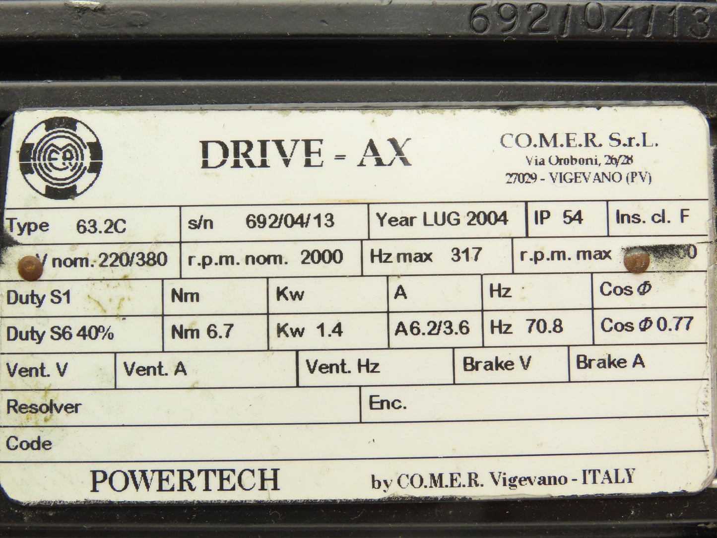 CO.M.E.R Powertech Drive AX 63.2C AC Servo Motor 220/380V 3PH -Loud Shaft-