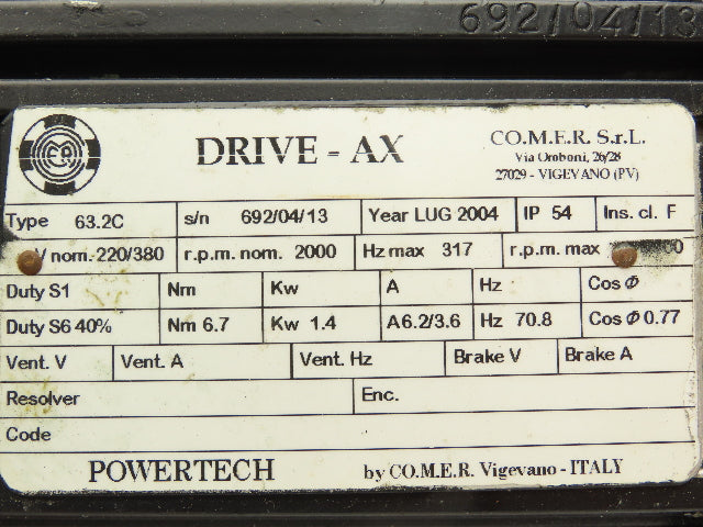 CO.M.E.R Powertech Drive AX 63.2C AC Servo Motor 220/380V 3PH -Loud Shaft-