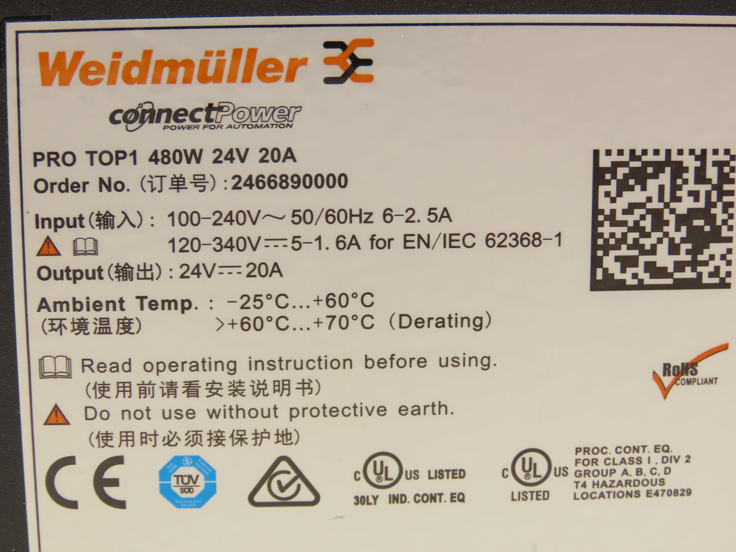 Weidmuller PROtop 2466890000 DIN Power Supply 480W 24V 20A
