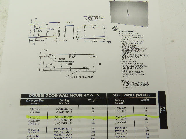 E-Box DW304210N12 Electrical Enclosure Wall Mount Dual Door 30x42x10" 40A Switch