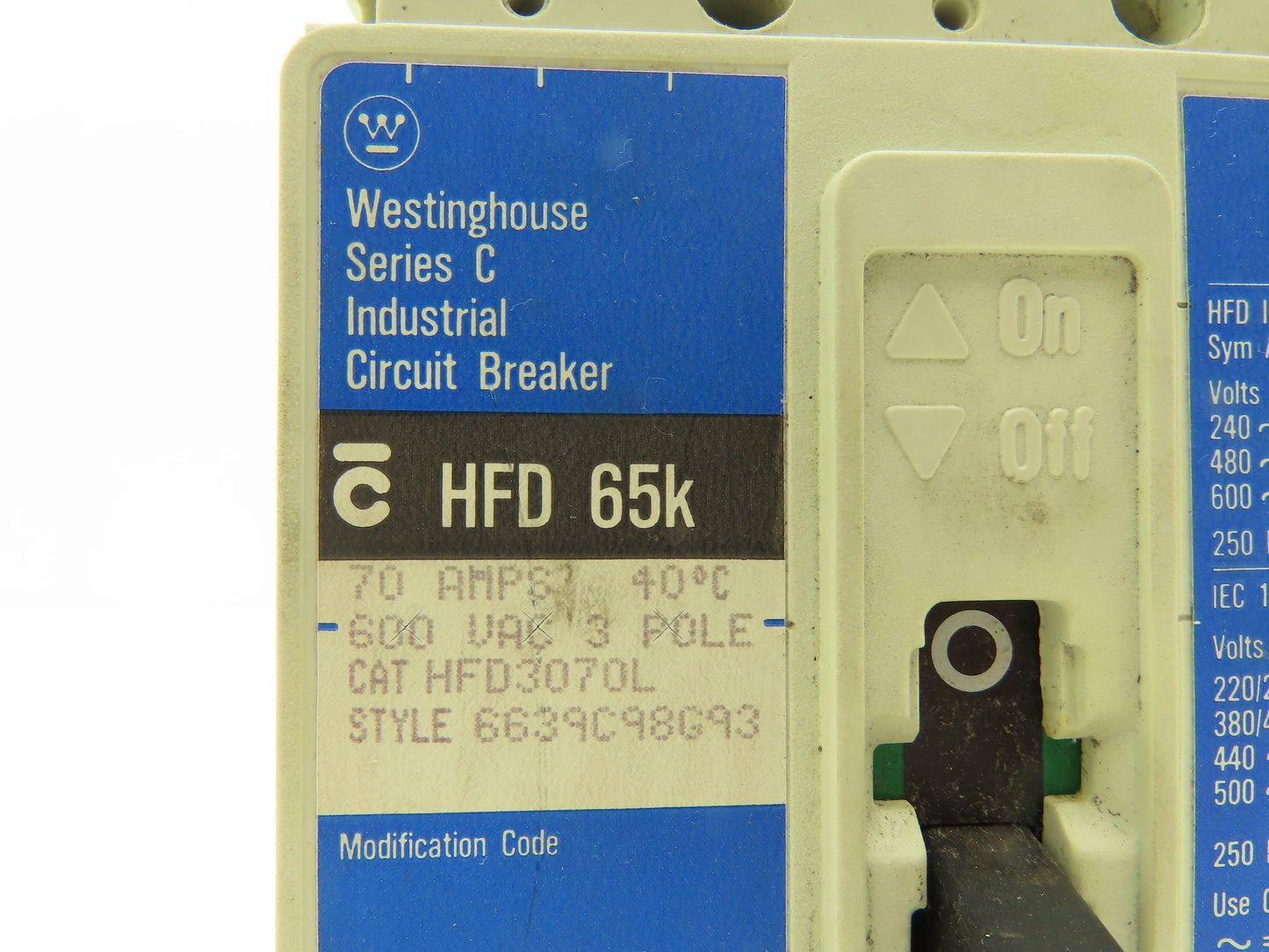 Westinghouse HFD3070L HFD 65k Circuit Breaker 70A 3 Pole 600V
