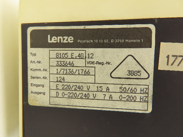 Lenze 8105 E.4G.12 8100 Inverter Drive 240VAC 7A 0-200Hz Output