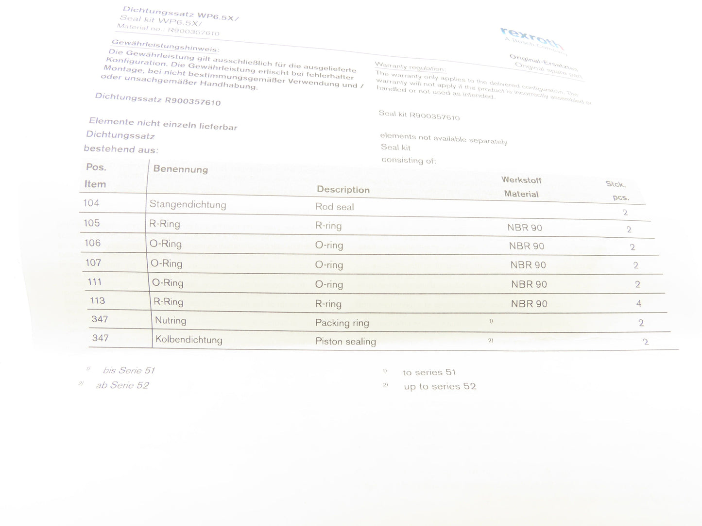 Bosch WP6.5X Rexroth Hydraulic Seal Kit