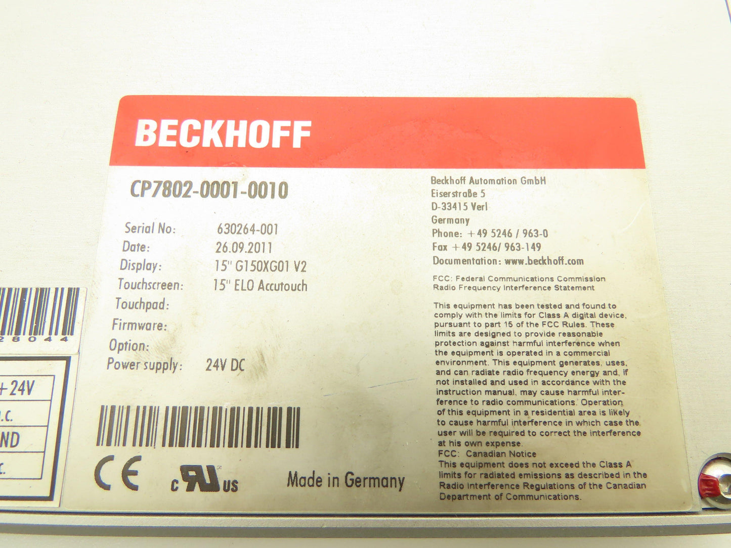 Beckhoff CP7802-0001-0010 Touch Screen Control Panel 15"