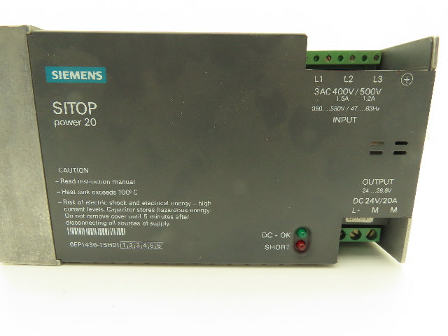 Siemens 6EP1436-1SH01 Sitop Power 20 Power Supply In 400-500V Out 24VDC 20A