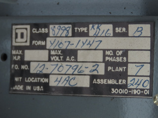 Square D 8998 MCC Bucket 60 Amp Dual Disconnect Switch 3 Pole 600V