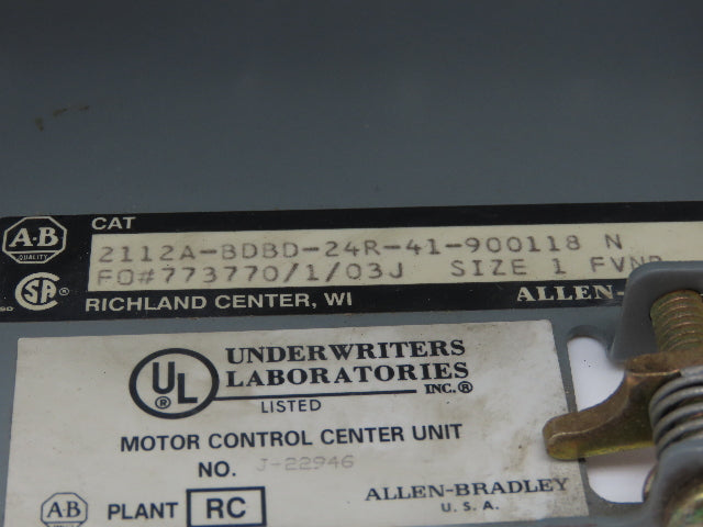 Allen Bradley 2112A-BDBD MCC Bucket Motor Starter 10Hp Size 1 NEMA 3 Pole 600V