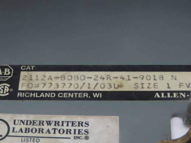 Allen Bradley 2112A-BDBD MCC Bucket Motor Starter 10Hp Size 1 NEMA 3 Pole 600V