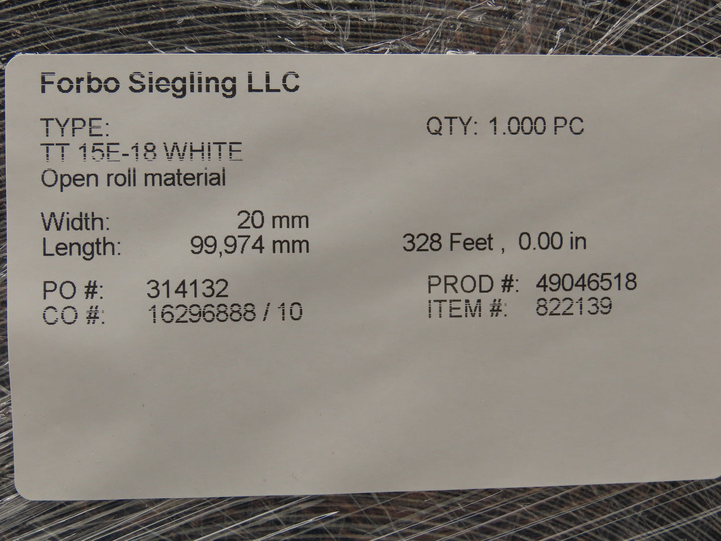 Forbo Siegling TT 15E-18 Conveyor Belt 20mm x 328' White Fabric Machine Tape