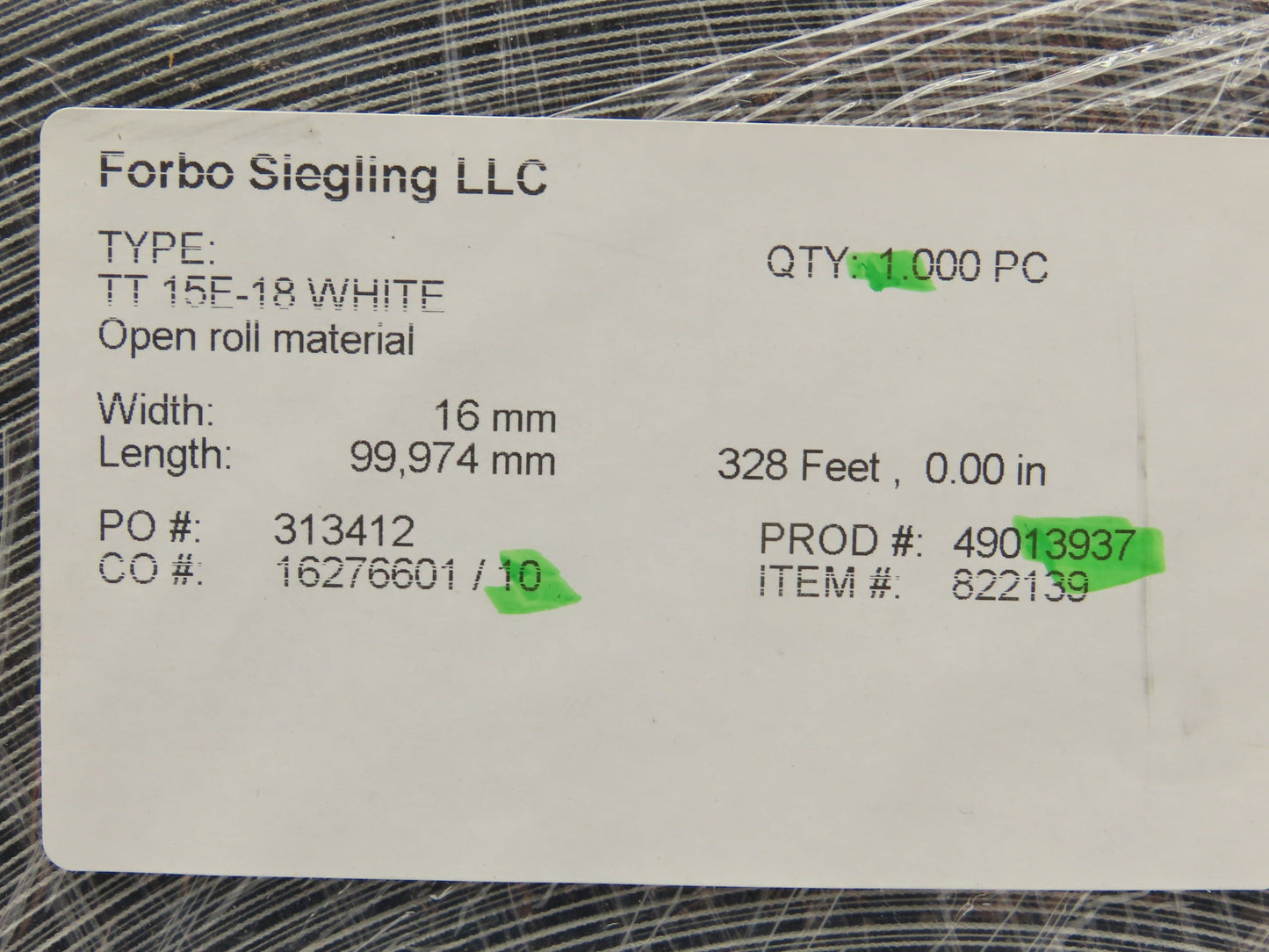 Forbo Siegling TT 15E-18 Conveyor Belt 16mm x 328' White Fabric Machine Tape