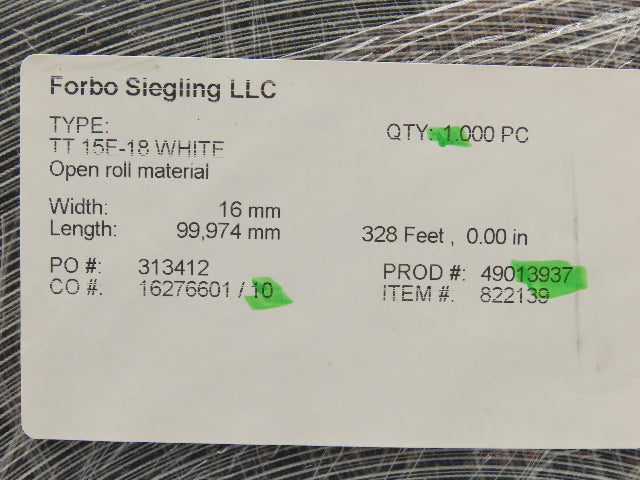 Forbo Siegling TT 15E-18 Conveyor Belt 16mm x 328' White Fabric Machine Tape