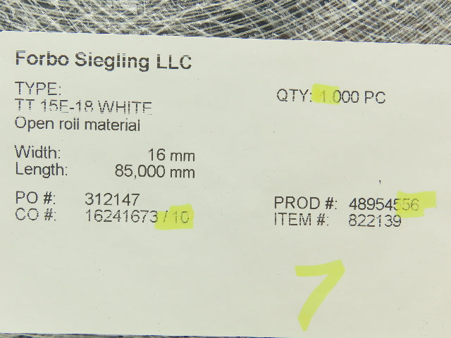 Forbo Siegling TT 15E-18 Conveyor Belt 16mm x 278' White Fabric Machine Tape